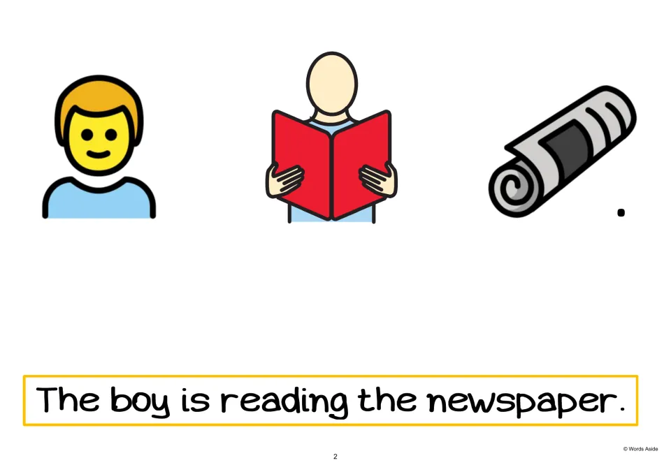 AAC sentence-building page 2 adds a newspaper symbol and the sentence 'The boy is reading the newspaper.'
