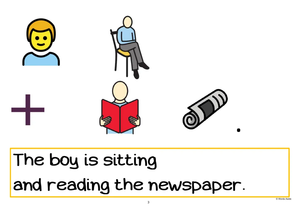 AAC sentence-building page 3 uses symbols for 'The boy is sitting and reading the newspaper.'