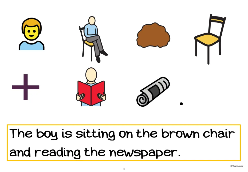 AAC sentence-building page 4 adds 'on the brown chair' to the boy sitting and reading the newspaper.