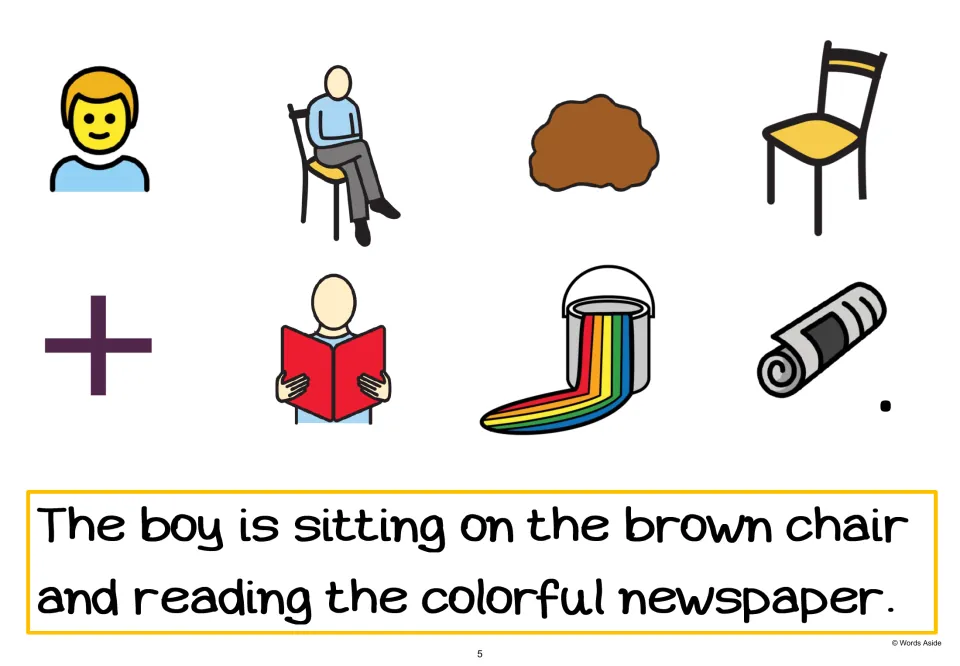 AAC sentence-building page 5 adds 'colorful' to the newspaper the boy reads while sitting on the brown chair.