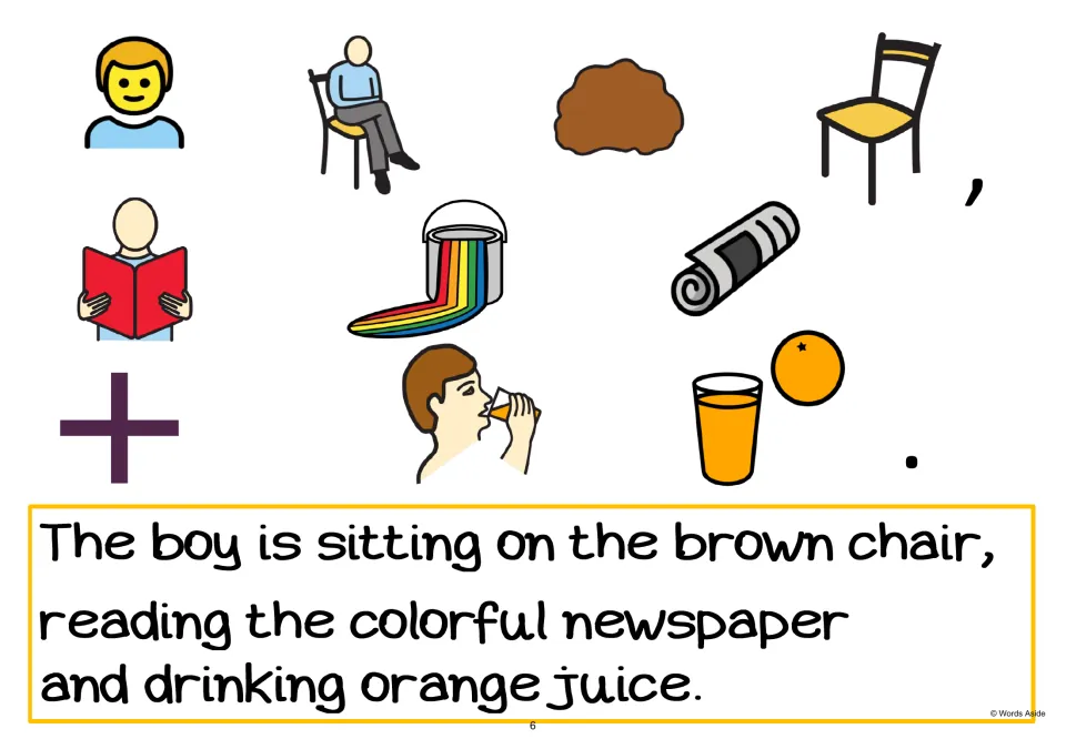 AAC sentence-building page 6 adds drinking orange juice to the boy sitting and reading a colorful newspaper.