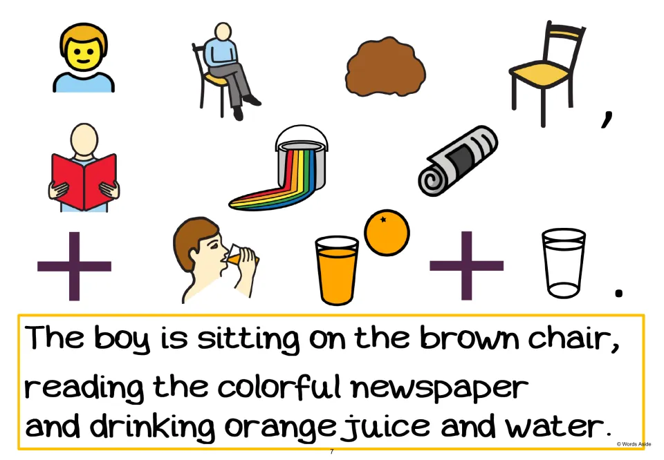 AAC sentence-building page 7 adds water to the boy's orange juice, keeping the sitting and reading details.