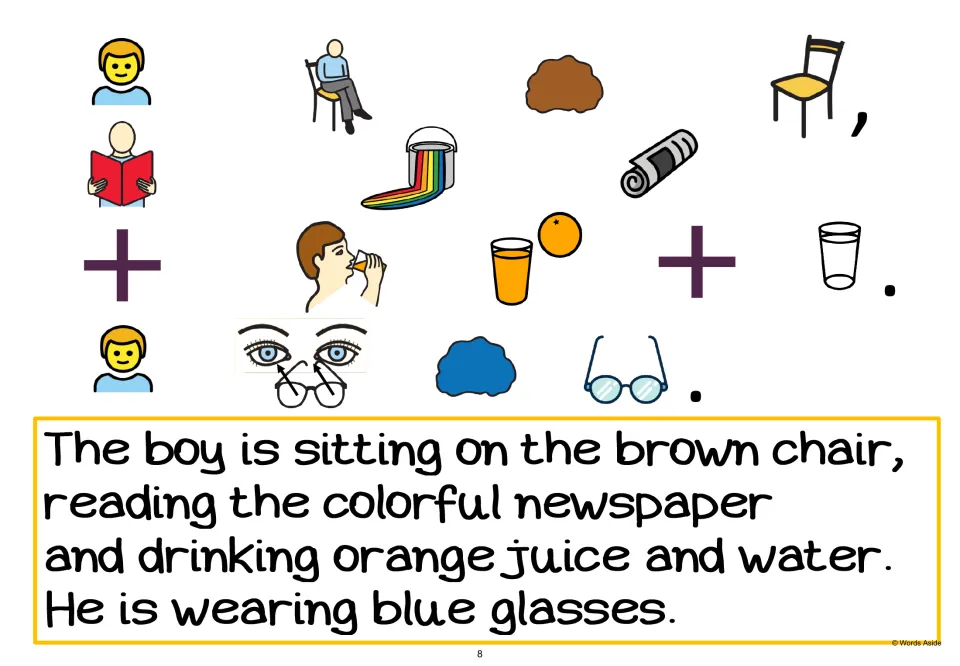AAC passage page 8 adds 'He is wearing blue glasses.' after the sentence about sitting, reading, and drinking.