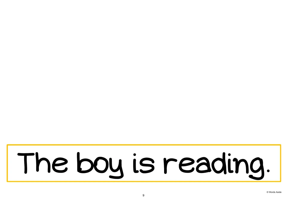 AAC text-only page 9 repeats the opening sentence, 'The boy is reading.', without the supporting symbols.