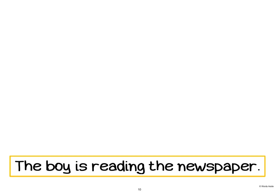 AAC text-only page 10 repeats 'The boy is reading the newspaper.' without the supporting symbols.