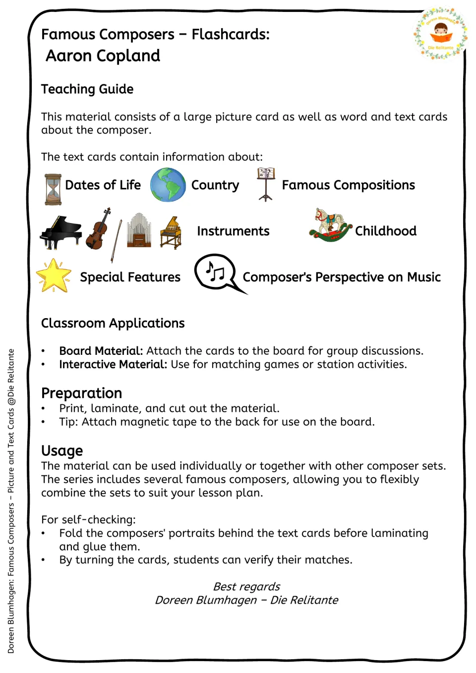 Teaching guide for the Copland cards: card topics, board and matching game uses, laminating prep and fold-over self-check