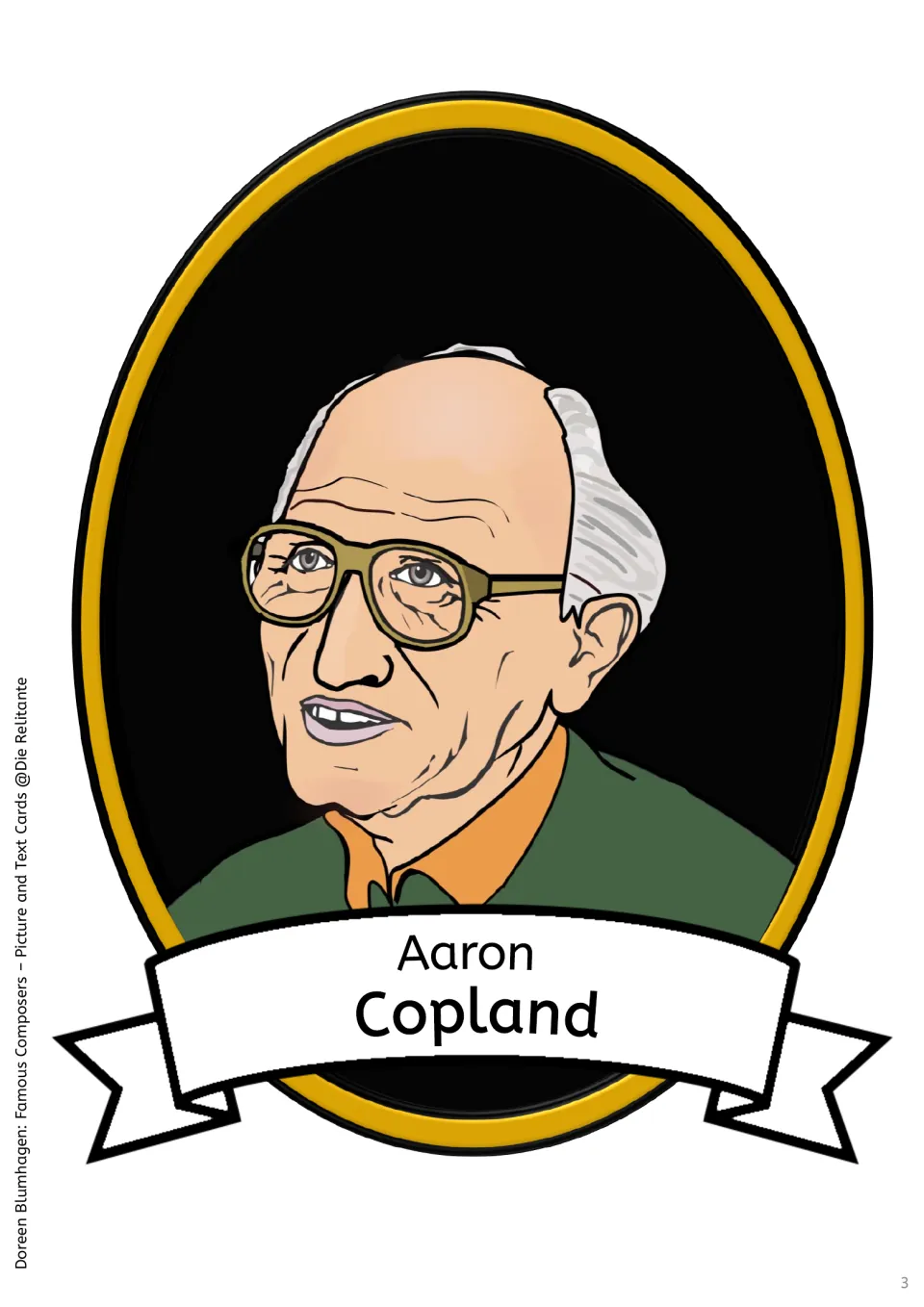 Picture card: oval portrait of composer Aaron Copland in glasses and a green jacket, with his name on a ribbon banner