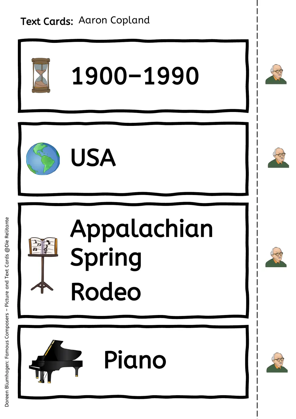 Copland text cards to cut out: dates 1900–1990, country USA, works Appalachian Spring and Rodeo, and instrument piano
