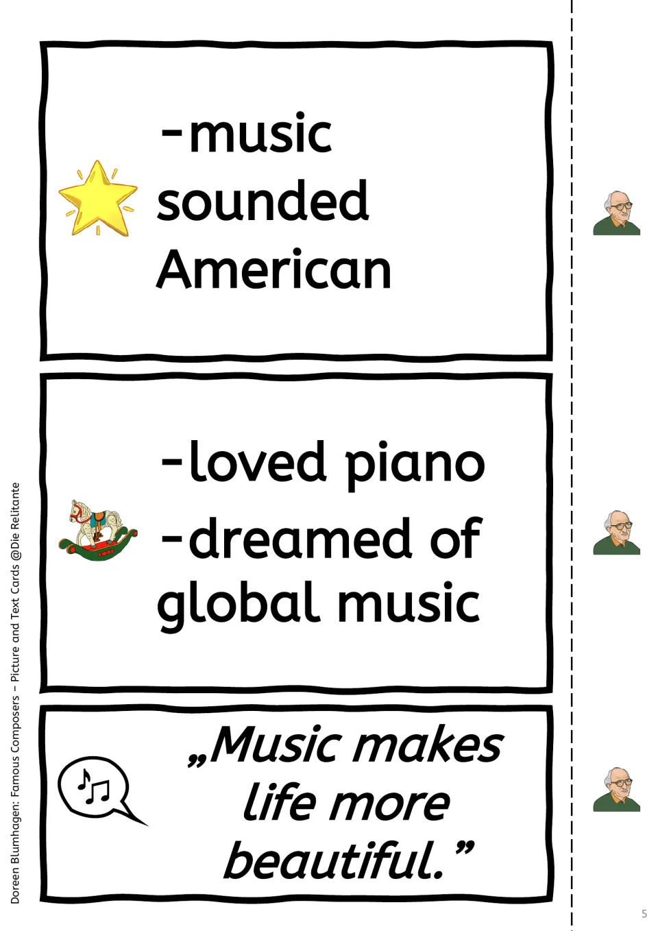 Copland fact cards: music sounded American, loved piano, dreamed of global music; quote 'Music makes life more beautiful'