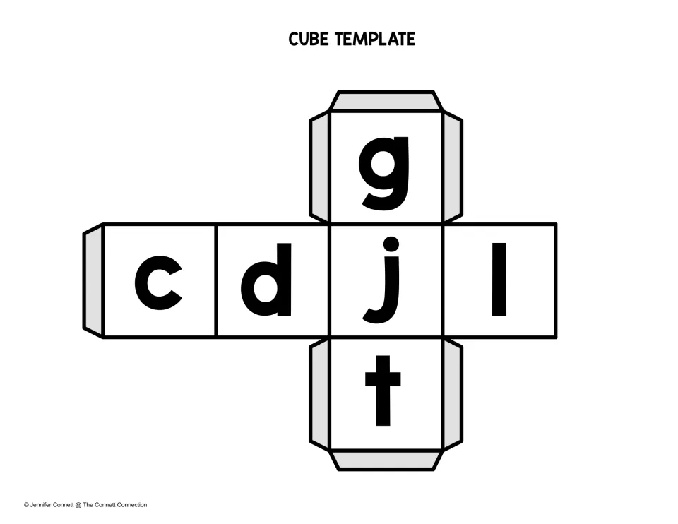 Beginning-letter die template with c, d, j, l, g, and t to combine with ab in the word family dice games
