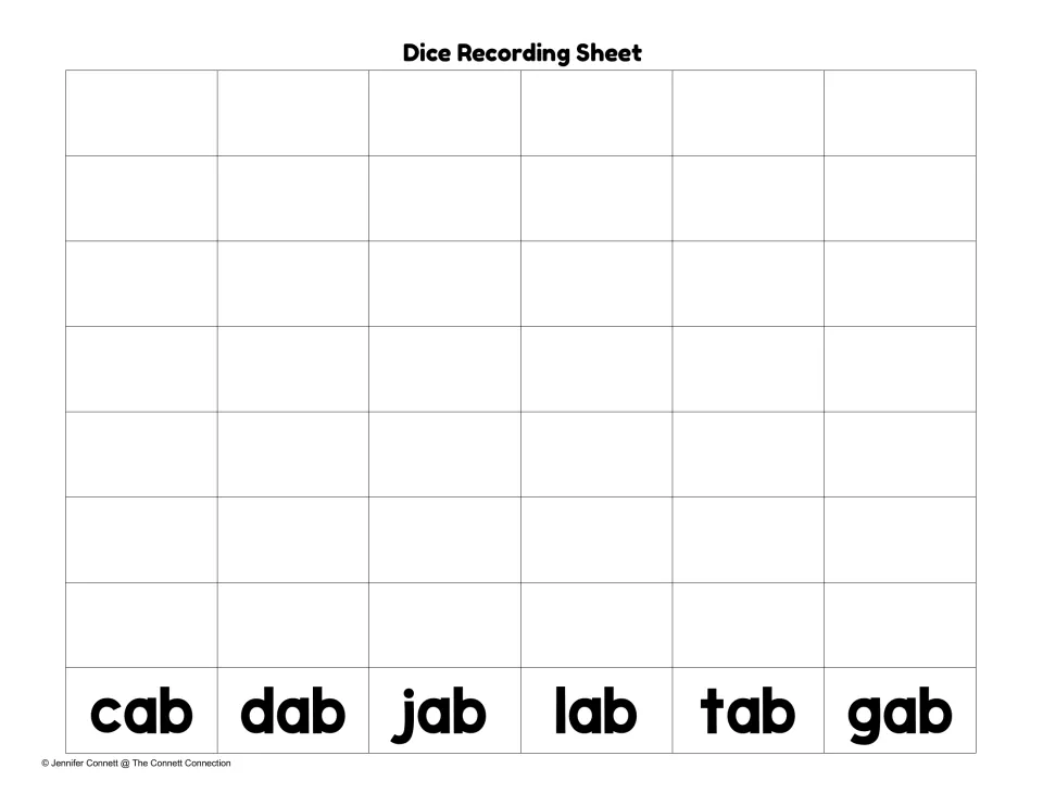 Dice recording sheet for writing ab family words, with cab, dab, jab, lab, tab, and gab as word models