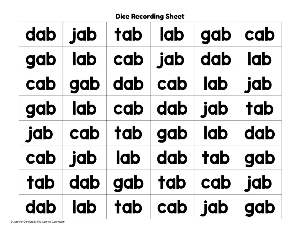 Dice recording sheet featuring 48 printed words, with cab, dab, jab, lab, tab, and gab in mixed order
