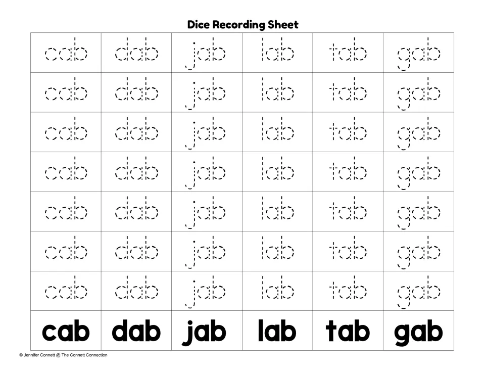 Dice tracing sheet with seven traceable copies each of cab, dab, jab, lab, tab, and gab above word models
