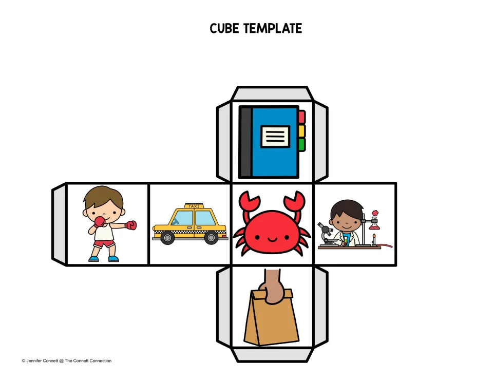 Color picture die for ab words: a boxer, taxi, crab, scientist in a lab, tabbed book, and hand grabbing a bag