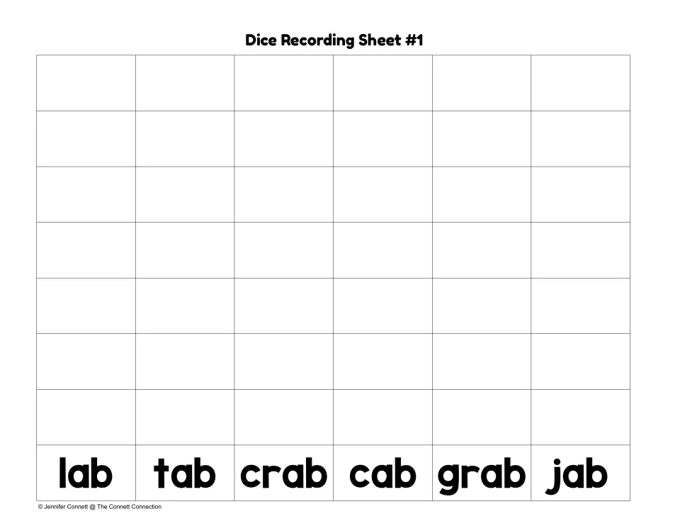 Picture-die recording sheet for writing words, with lab, tab, crab, cab, grab, and jab as word models