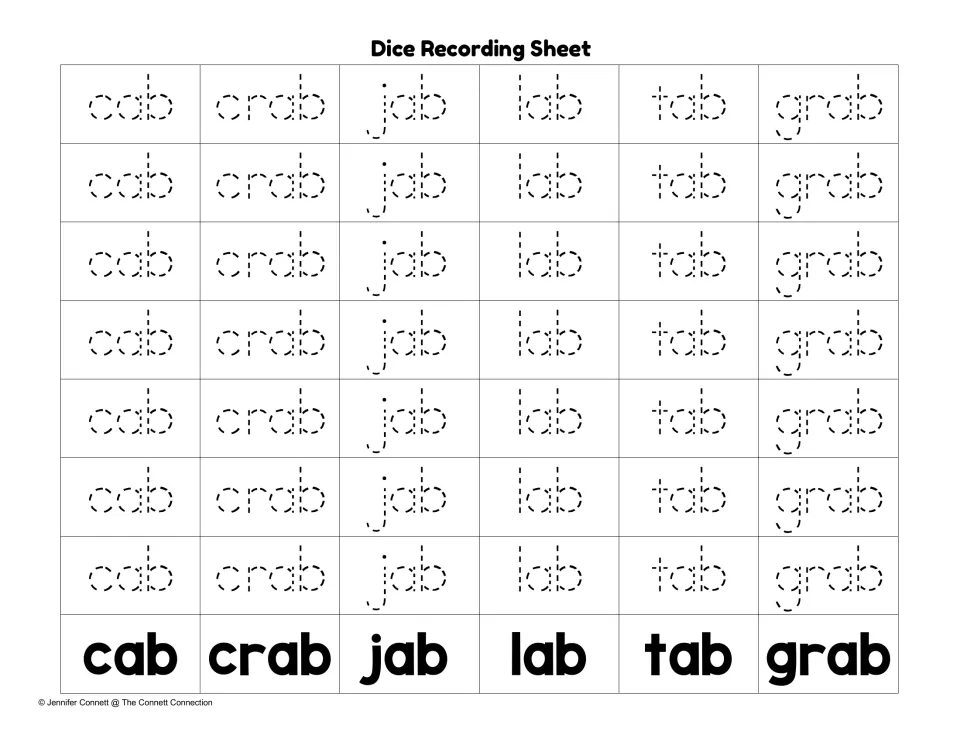 Picture-die tracing sheet with seven traceable copies each of cab, crab, jab, lab, tab, and grab