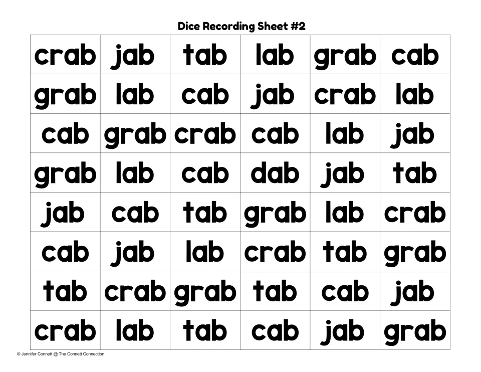 Picture-die recording sheet with 48 word entries: crab, jab, tab, lab, grab, and cab, plus one dab entry