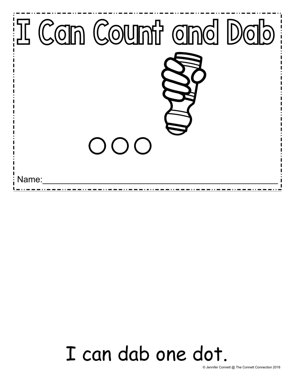 Cover titled I Can Count and Dab with a dot marker, three circles and name line, above the page I can dab one dot