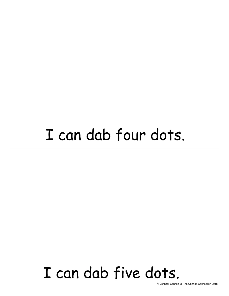 Counting to five: students read I can dab four dots and I can dab five dots, using a dot marker to show each number