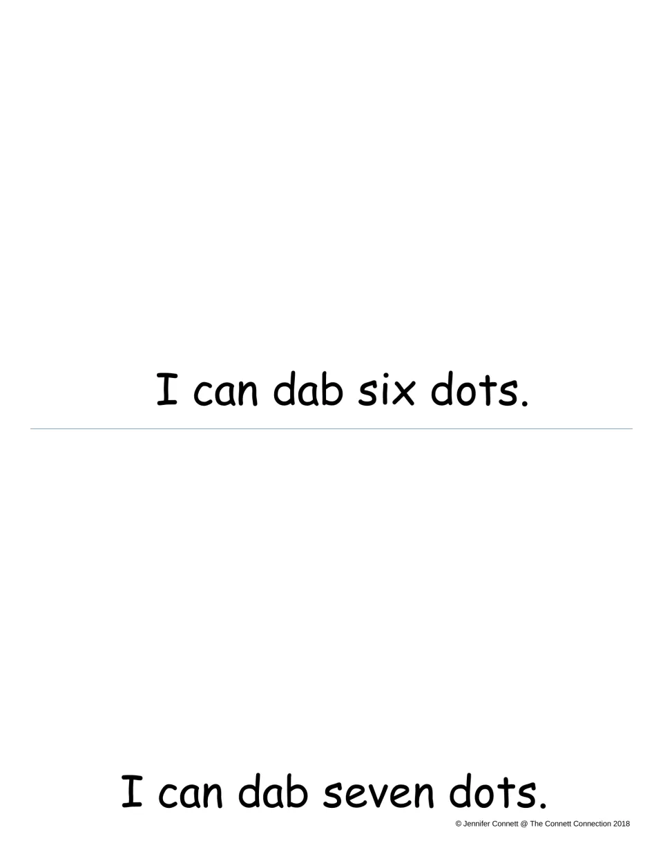 Numbers six and seven: children read I can dab six dots and I can dab seven dots, then dab a matching set of dots