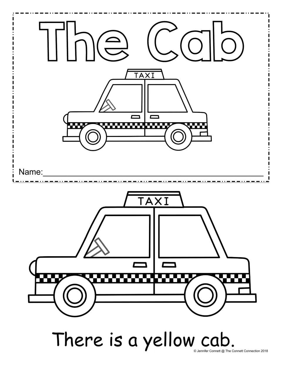 Cover of The Cab mini book with a taxi outline and Name line, plus page one reading the sentence There is a yellow cab.