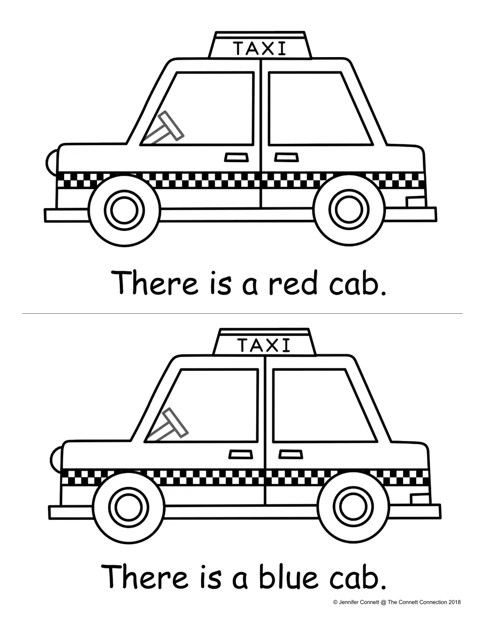 Color word reading: two outline taxi drawings with the -ab word sentences There is a red cab and There is a blue cab