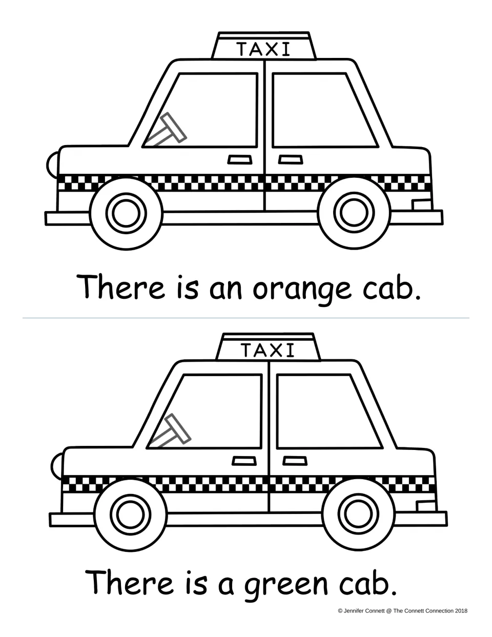 Reader pages for orange and green: two outline taxis above There is an orange cab and There is a green cab to read aloud