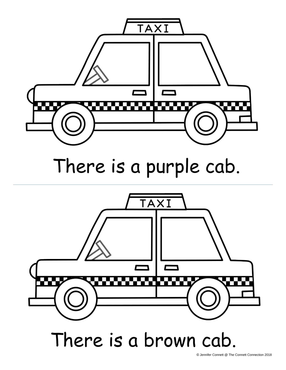 Final reader pages: two outline taxis with the pattern sentences There is a purple cab and There is a brown cab