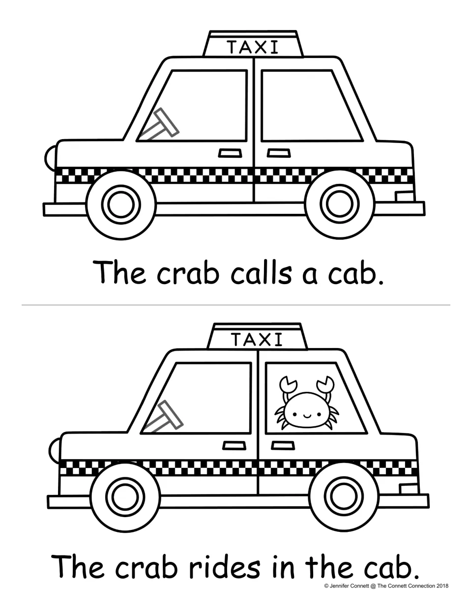 -ab word family reading: students read The crab calls a cab and The crab rides in the cab beside two taxi drawings