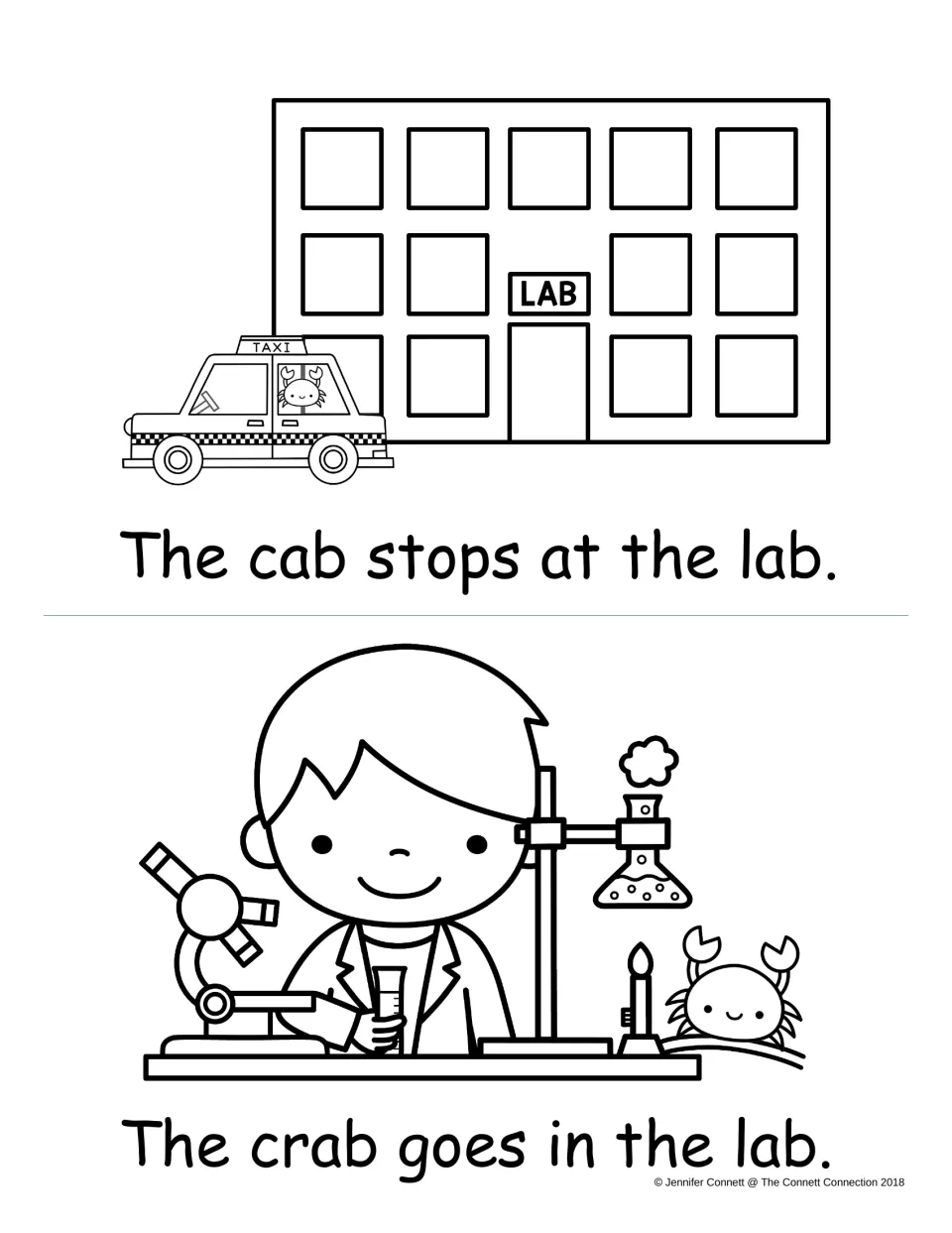 -ab words in context: students read The cab stops at the lab and The crab goes in the lab, with lab and scientist art