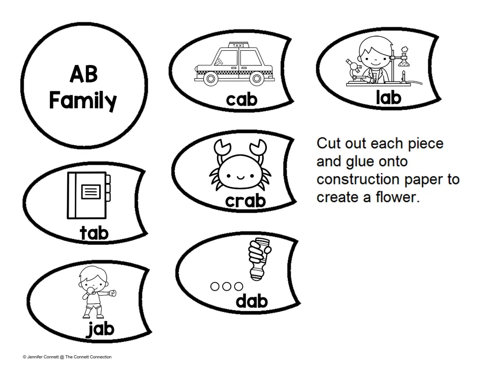 -ab word family flower pieces: students cut out an AB Family center and petals for cab, lab, crab, tab, jab and dab