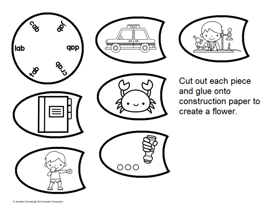 -ab flower pieces without labels: center lists cab, jab, dab, crab, tab, lab; students match each picture petal to its word