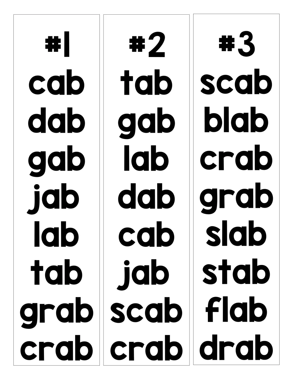AB word family lists #1 to #3: students read eight -ab words per list, such as cab, jab, crab, scab and slab