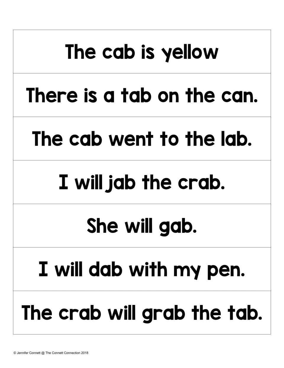 AB word sentence strips: seven decodable sentences to read, such as The cab is yellow and The crab will grab the tab