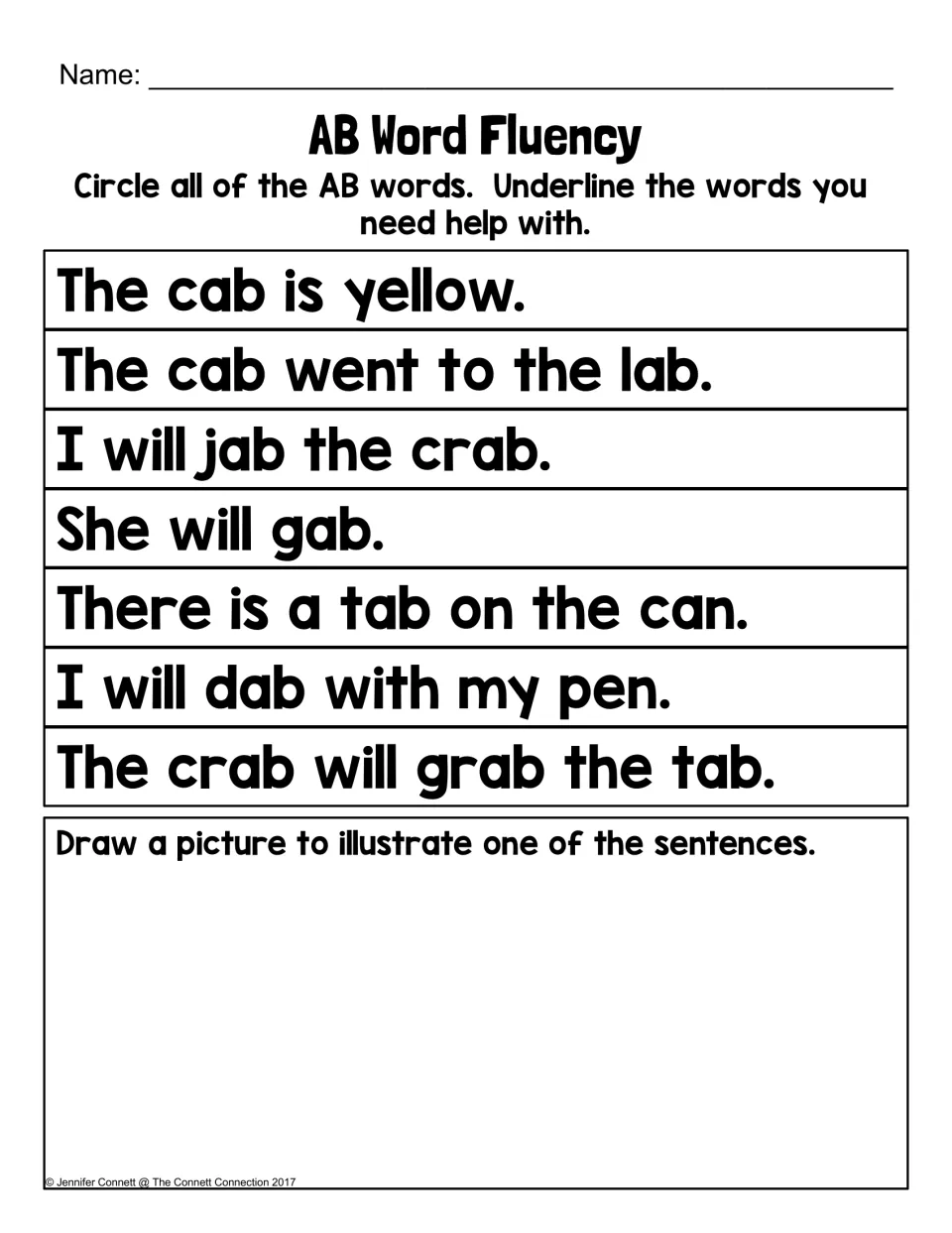 AB Word Fluency sentences: students circle every -ab word, underline words they need help with, then draw one sentence