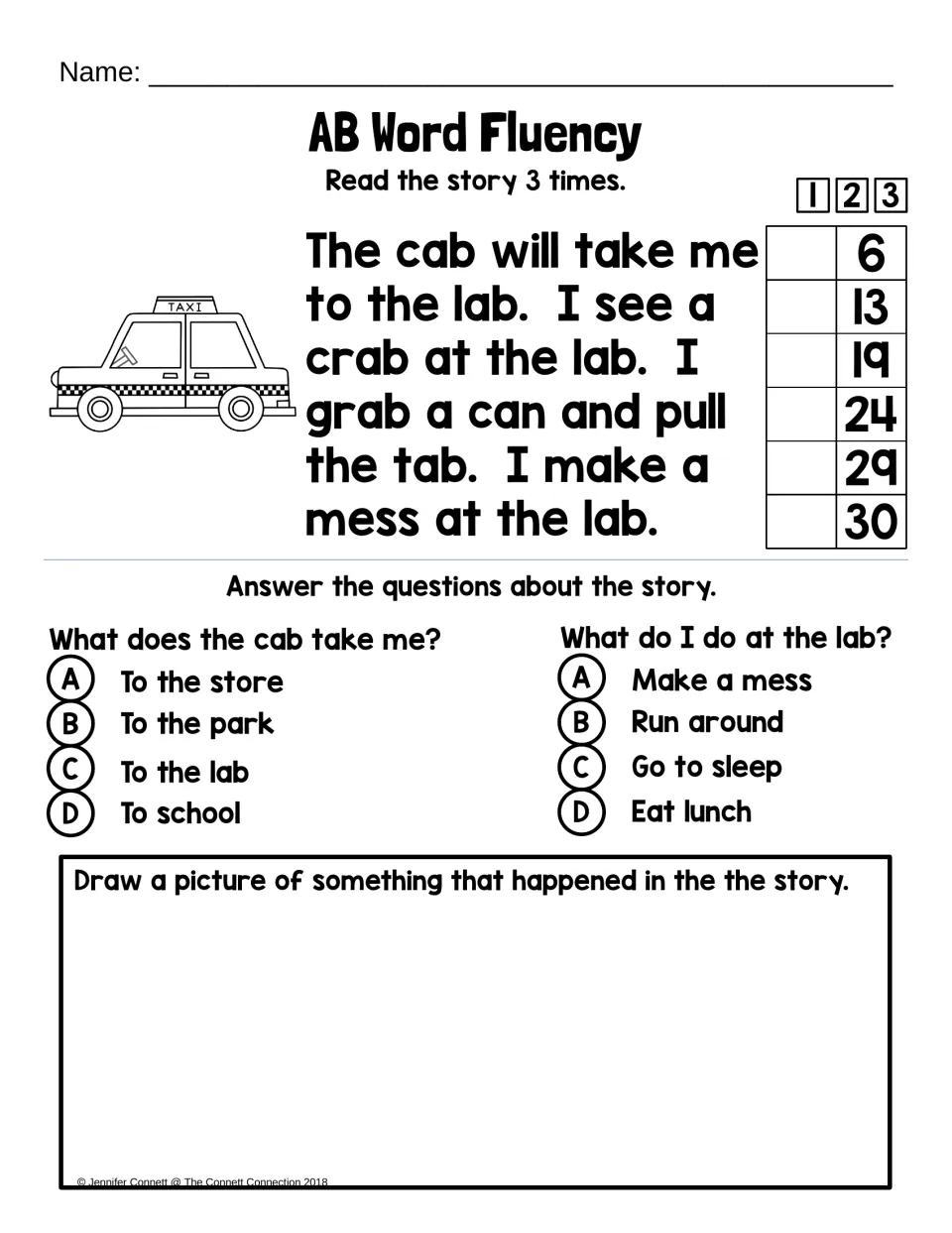 Cab and lab story: students read a 30-word -ab passage three times, answer two A-D questions and draw a scene