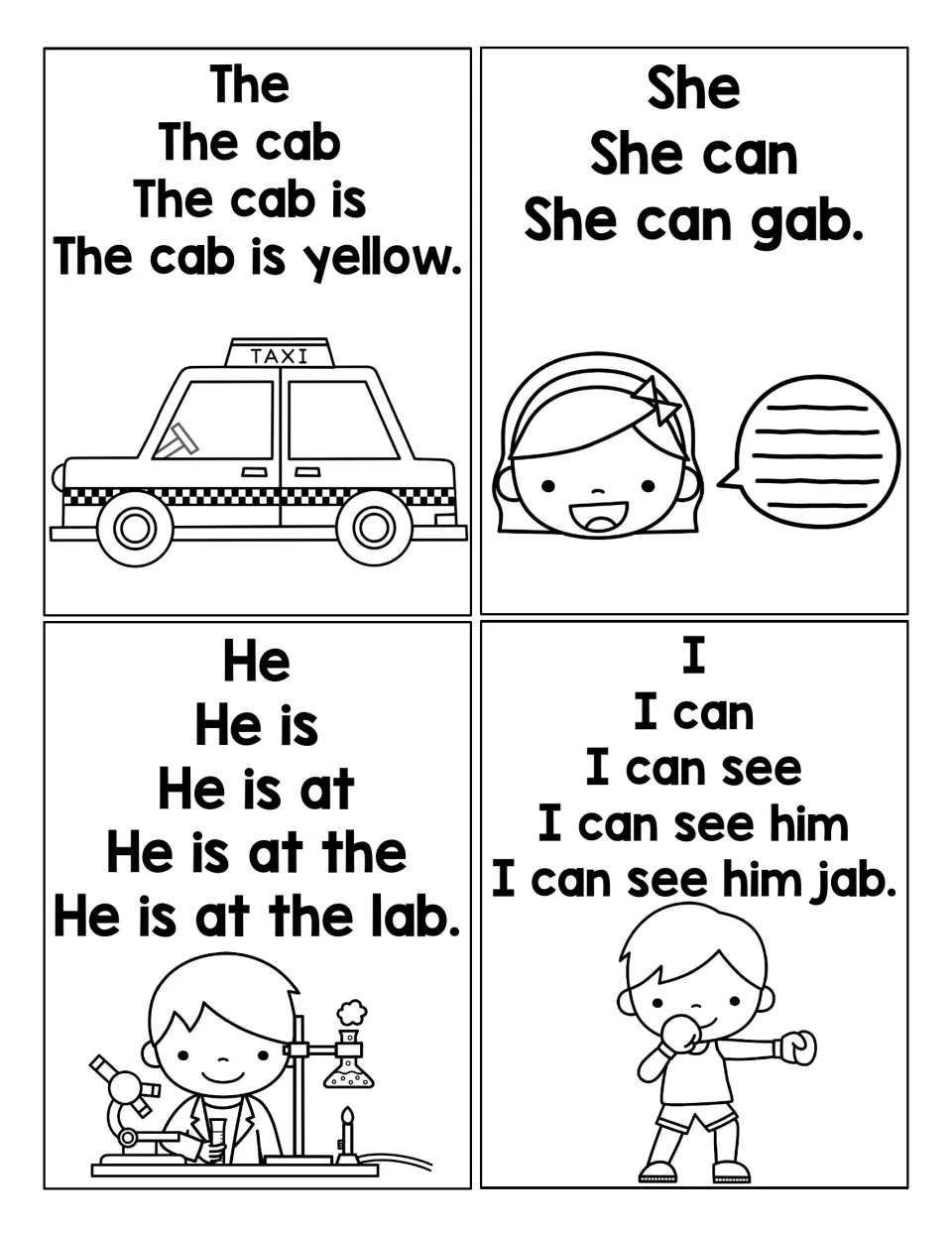 -ab word family pyramids: students read sentences that grow one word at a time, ending in cab, gab, lab and jab