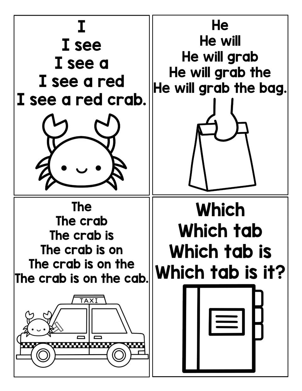 More -ab fluency pyramids: students read building sentences ending in crab, bag, cab and tab, each with a picture