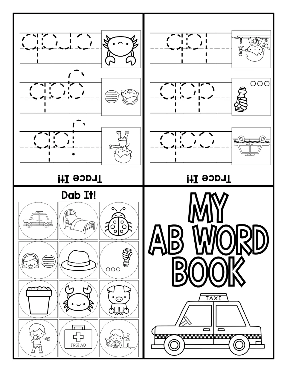 Mixed-practice AB mini book with tracing for cab, dab, lab, jab, gab and crab, plus a Dab It picture activity