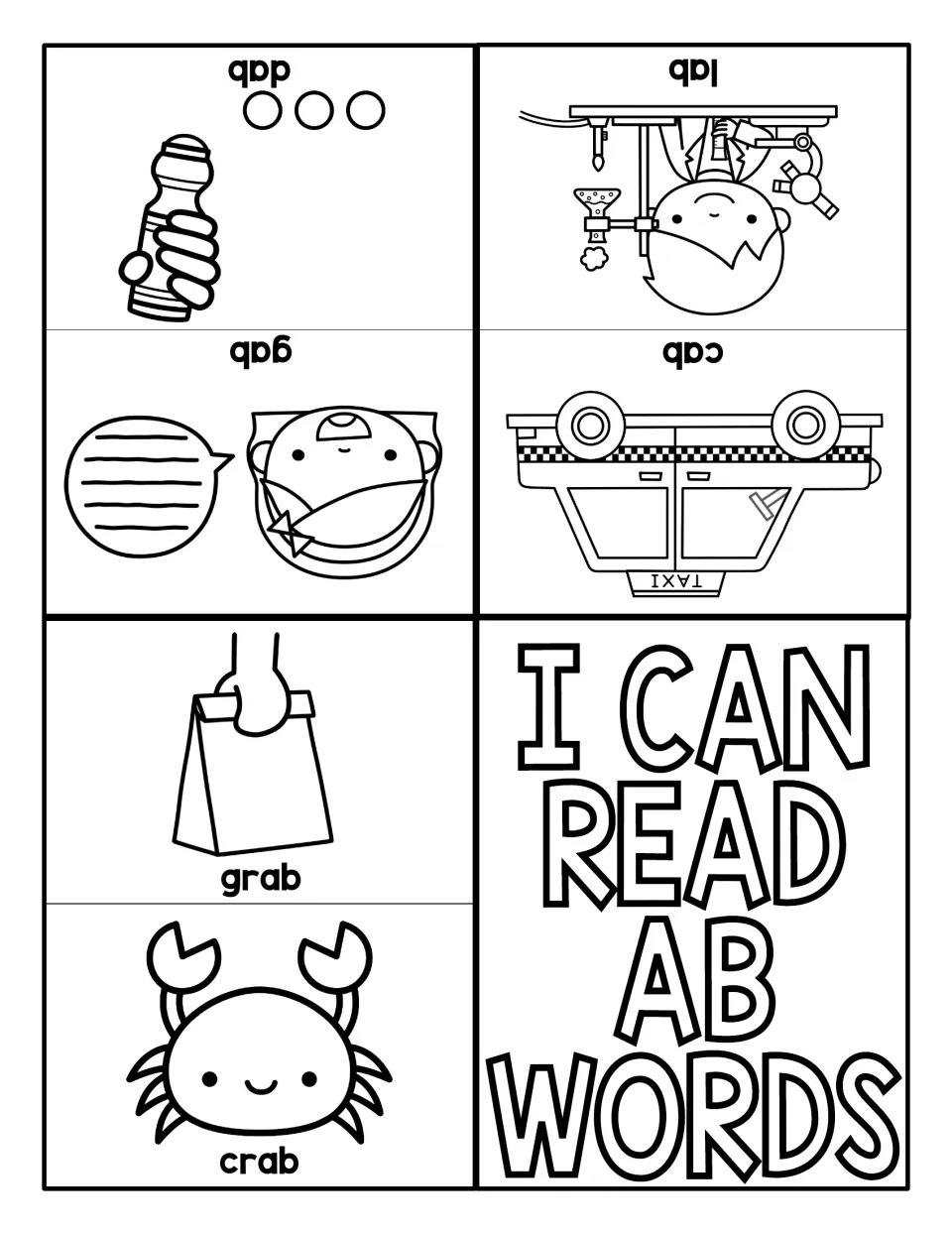 Six-word AB reading mini book pairing pictures with the words cab, lab, dab, gab, grab and crab