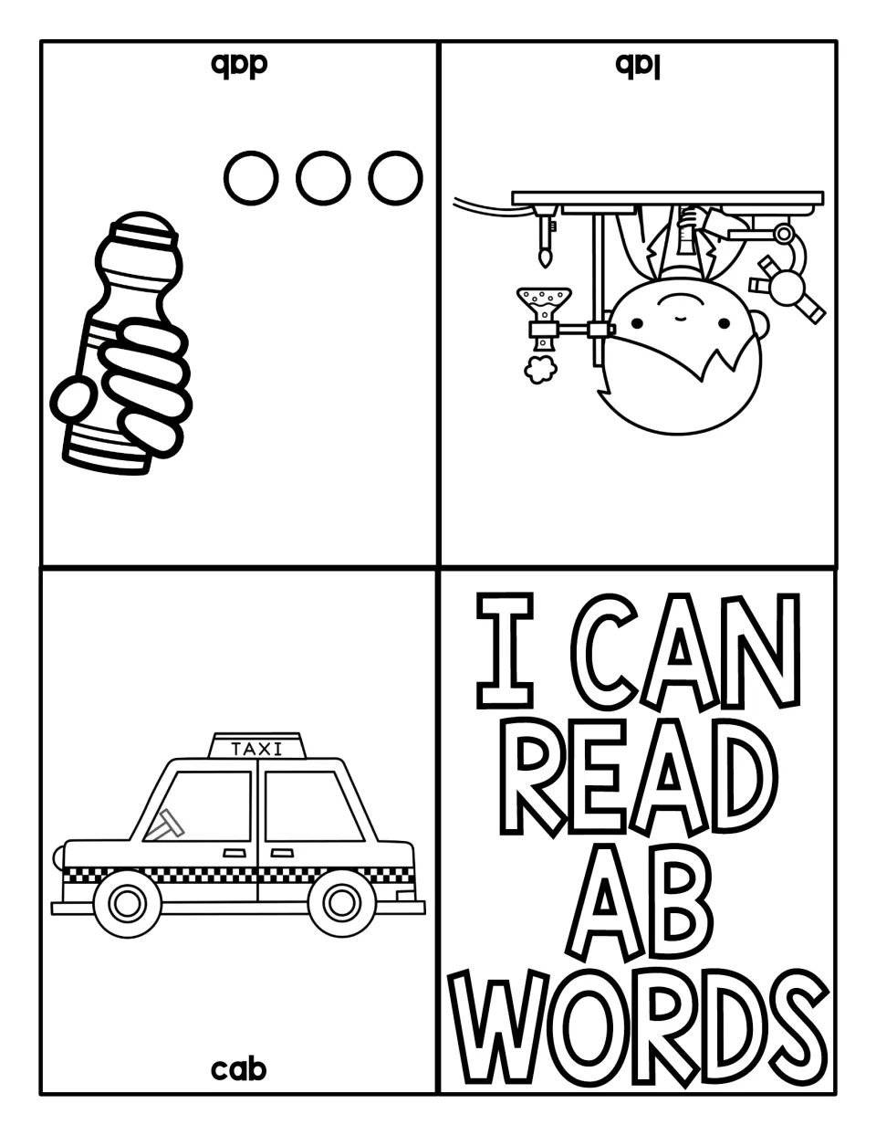 Three-word AB reading mini book featuring cab, lab and dab, each paired with a picture for reading practice