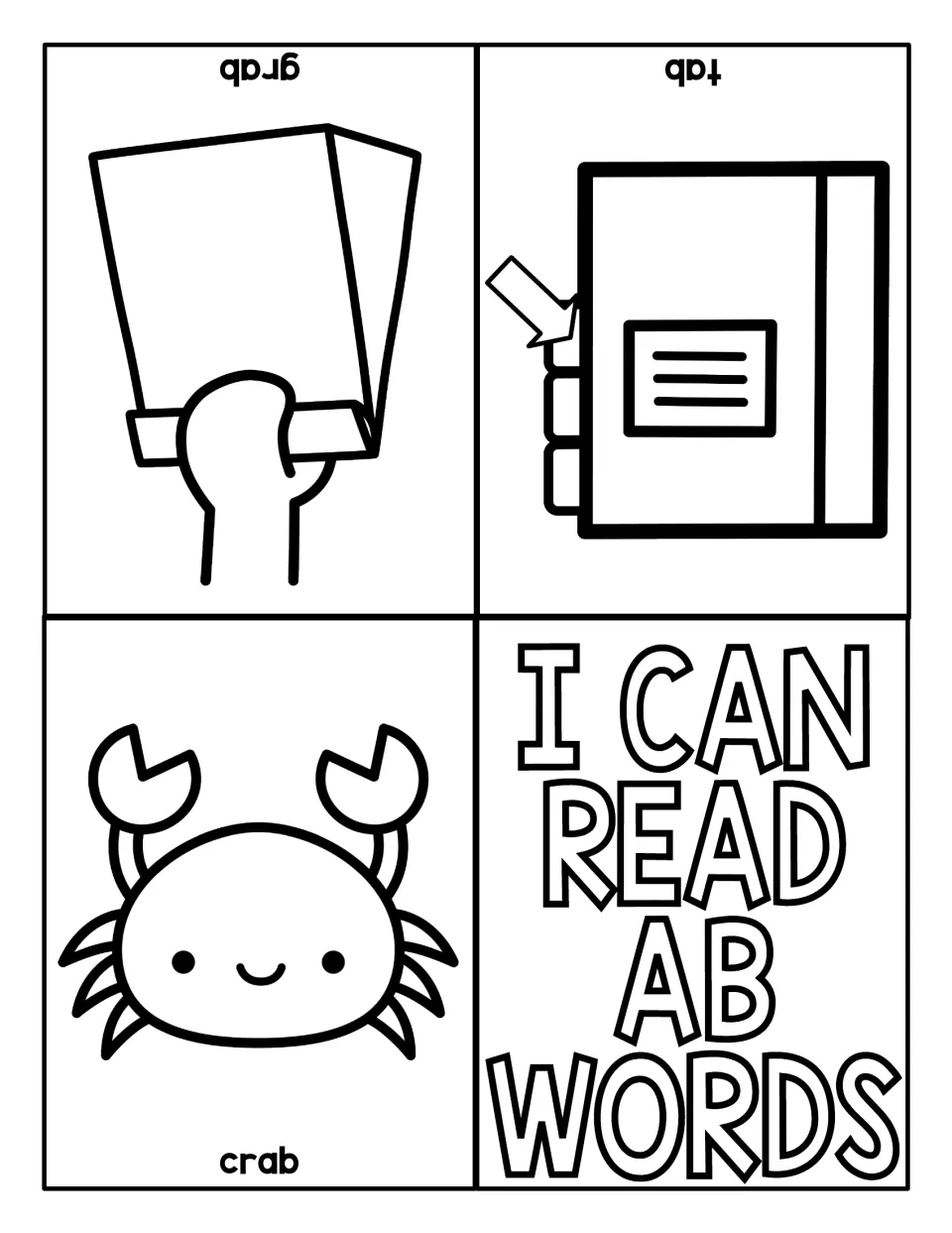 Three-word AB reading mini book featuring crab, tab and grab, each paired with a picture for reading practice