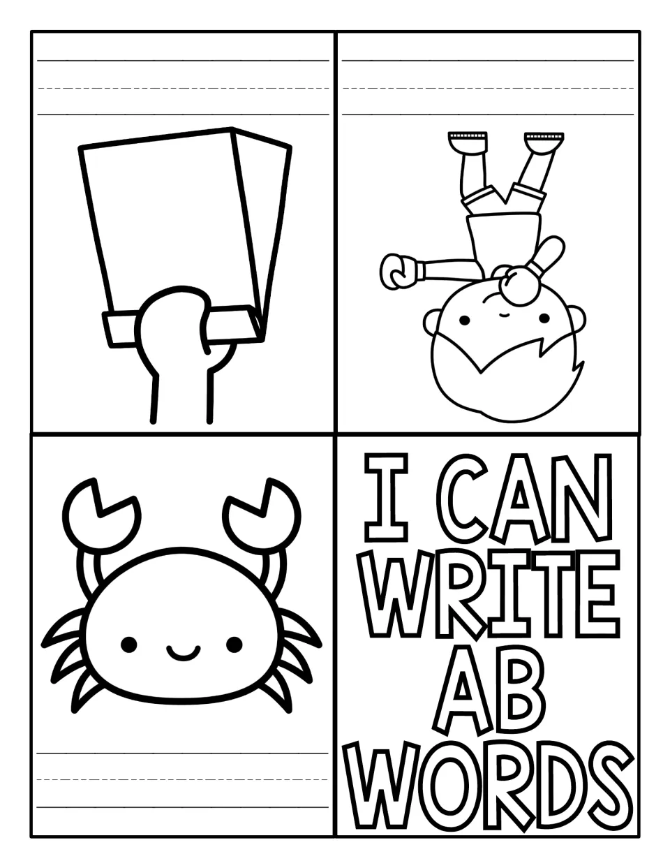 AB writing mini book with crab, grab and jab picture prompts and space to write each word independently