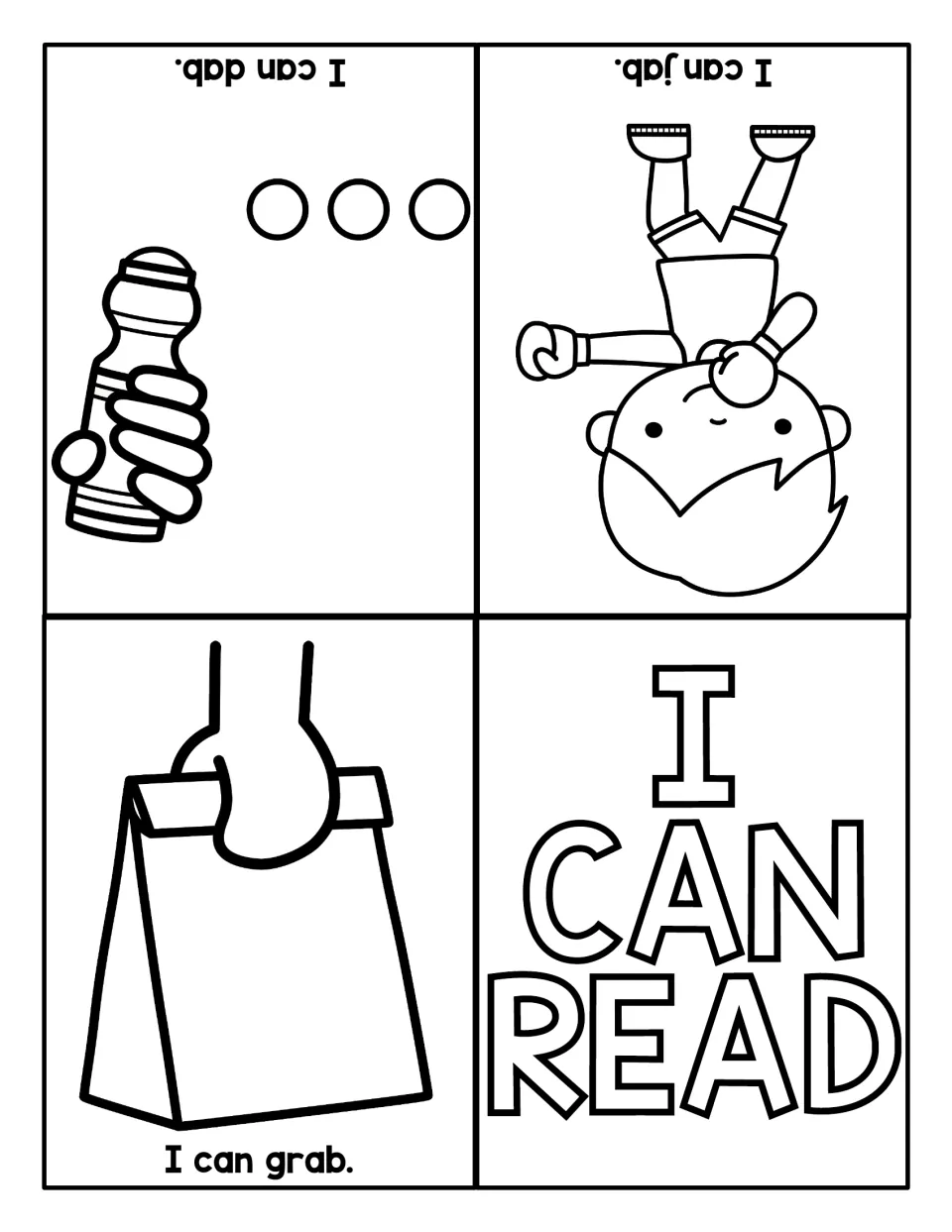 AB sentence-reading mini book with illustrated sentences: I can grab. I can dab. I can jab.