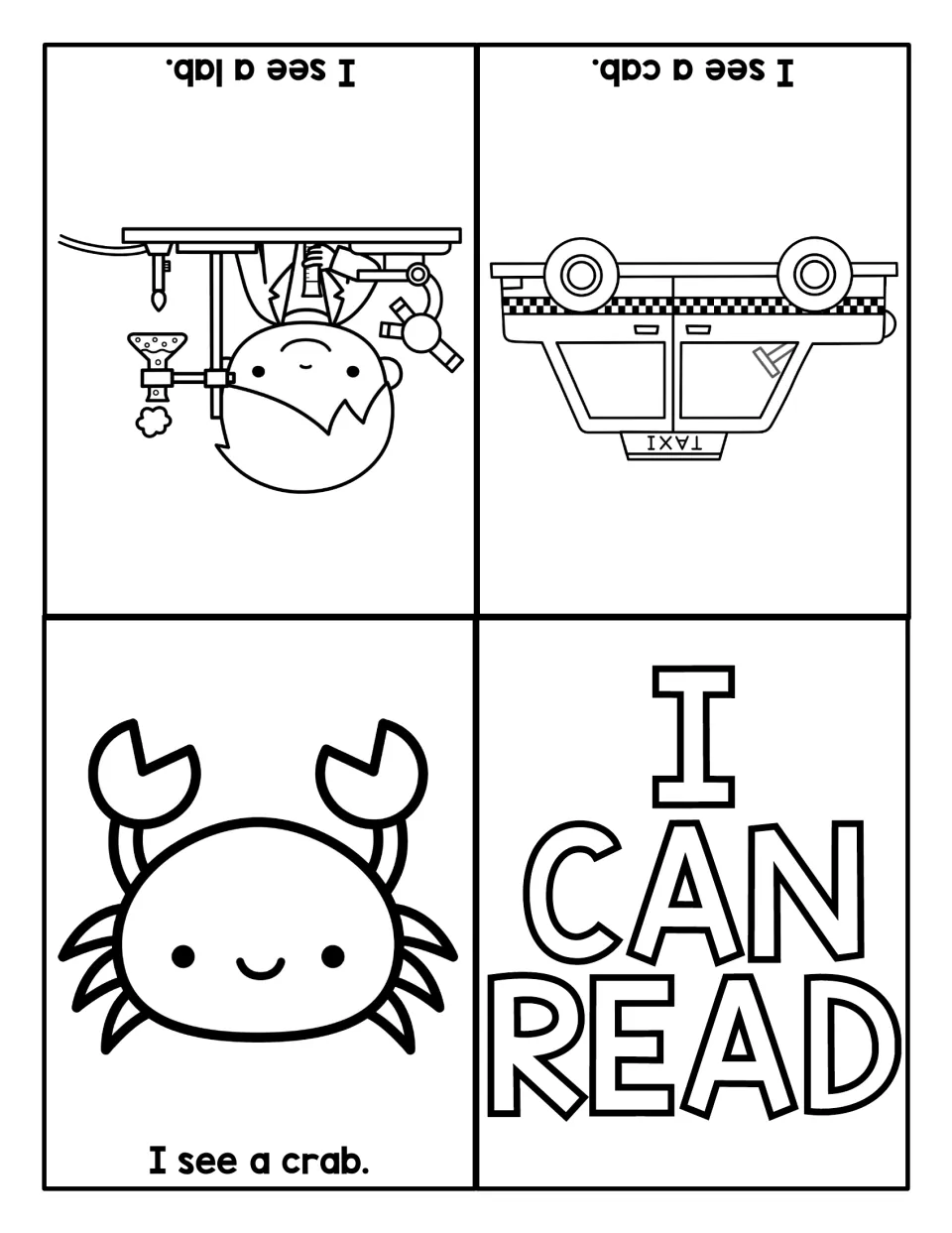 AB sentence-reading mini book with illustrated sentences: I see a crab. I see a lab. I see a cab.
