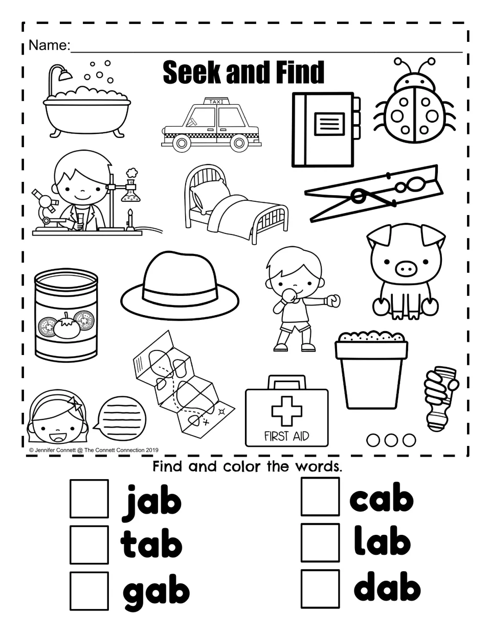 AB word family seek-and-find: find and color pictures for the words jab, tab, gab, cab, lab, and dab.