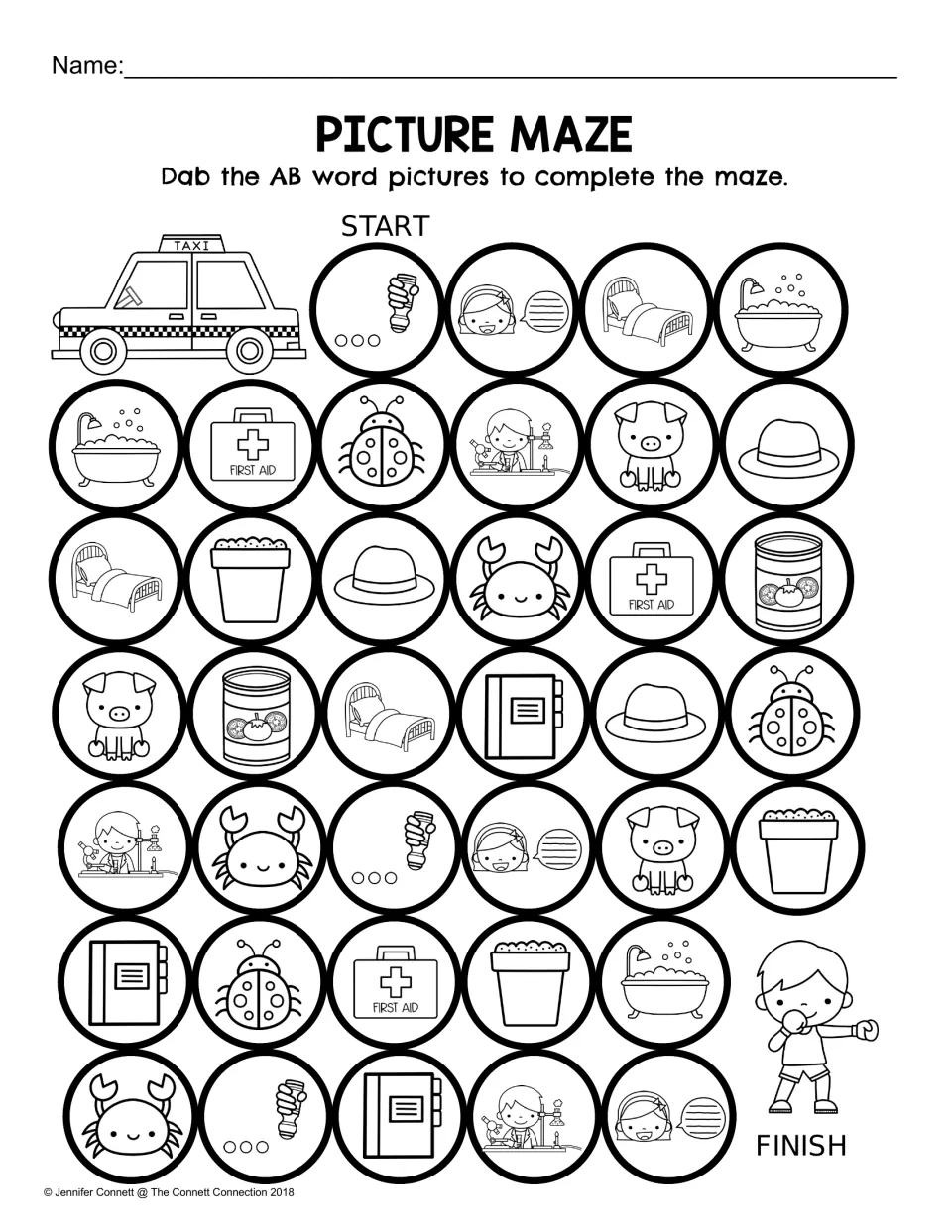 AB word family picture maze: dab the AB word pictures to follow a path from START to FINISH past distractors.