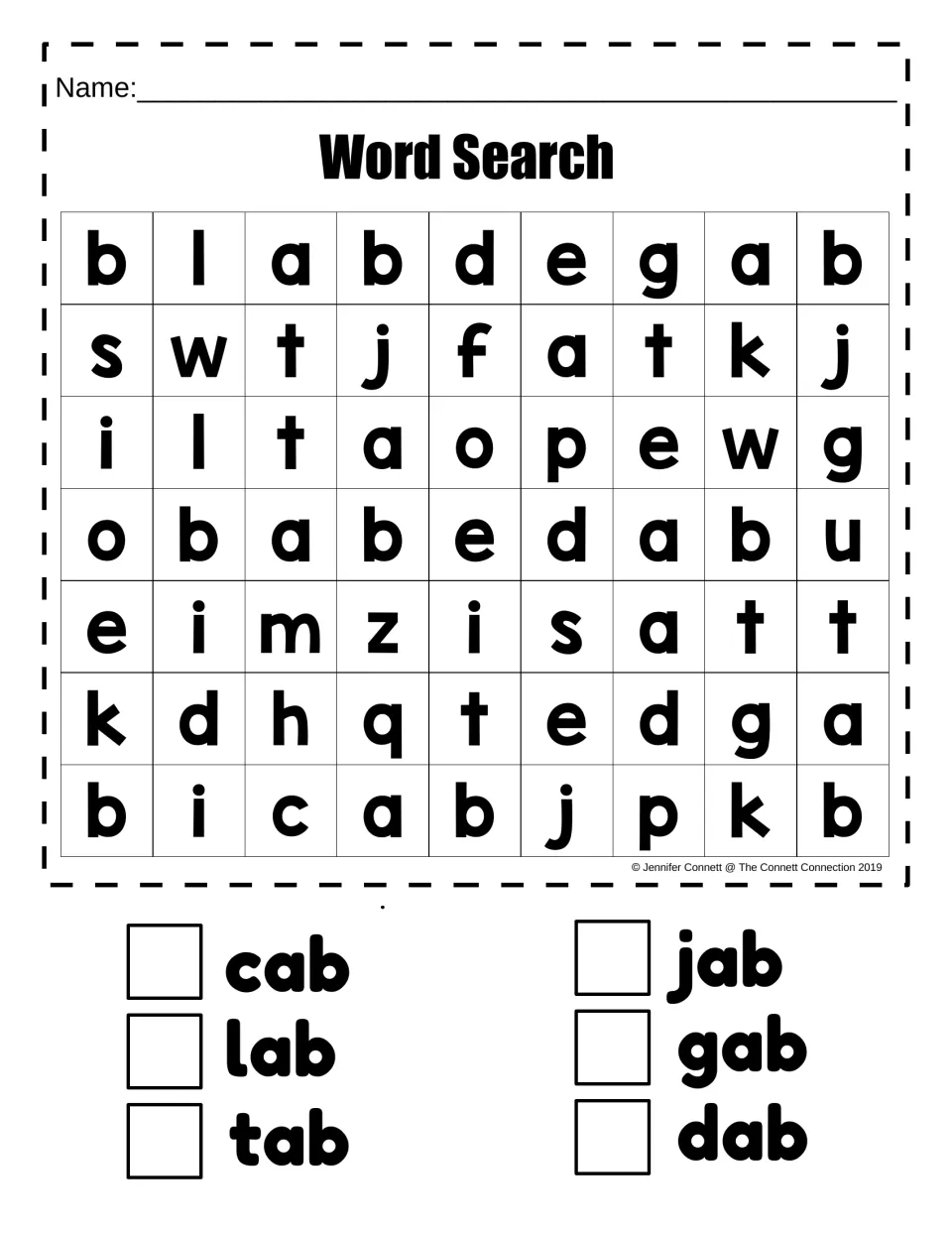 AB word family word search: find the six hidden words cab, lab, tab, jab, gab, and dab among the letters.