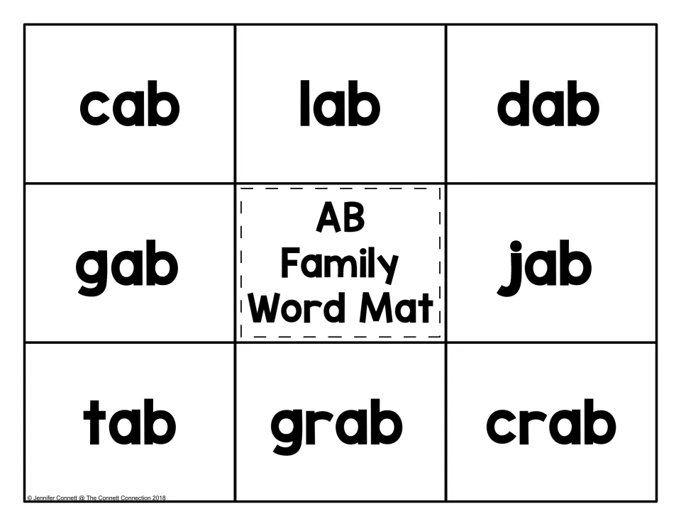 -ab word family mat: students read cab, lab, dab, gab, jab, tab, grab and crab and match a picture card to each word
