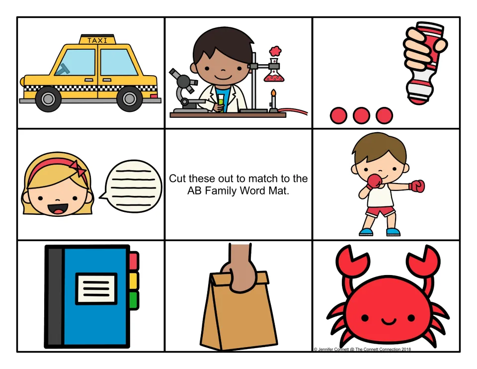 Color picture cards to cut out: taxi, lab scientist, paint dabs, girl talking, boxer jabbing, tabbed binder, grab bag, crab